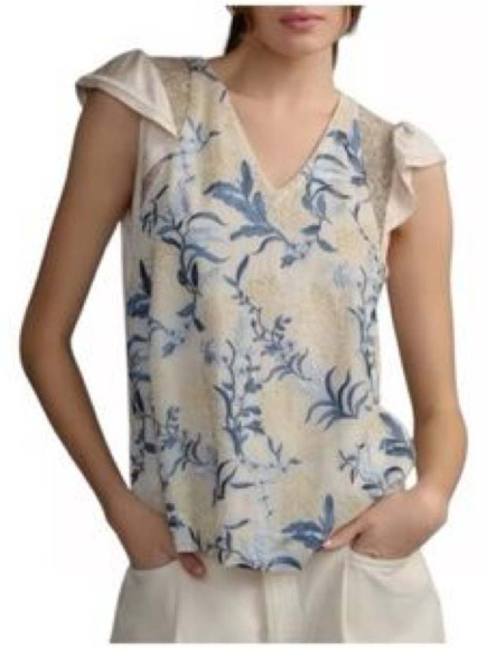 Anthropologie TINY Embroidered Flutter Sleeve V-Neck Top Tshirt Sz L